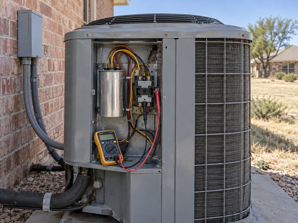 An open air conditioning unit control compartment with the contactor and capacitor visible, and a multimeter clipped to the terminals.